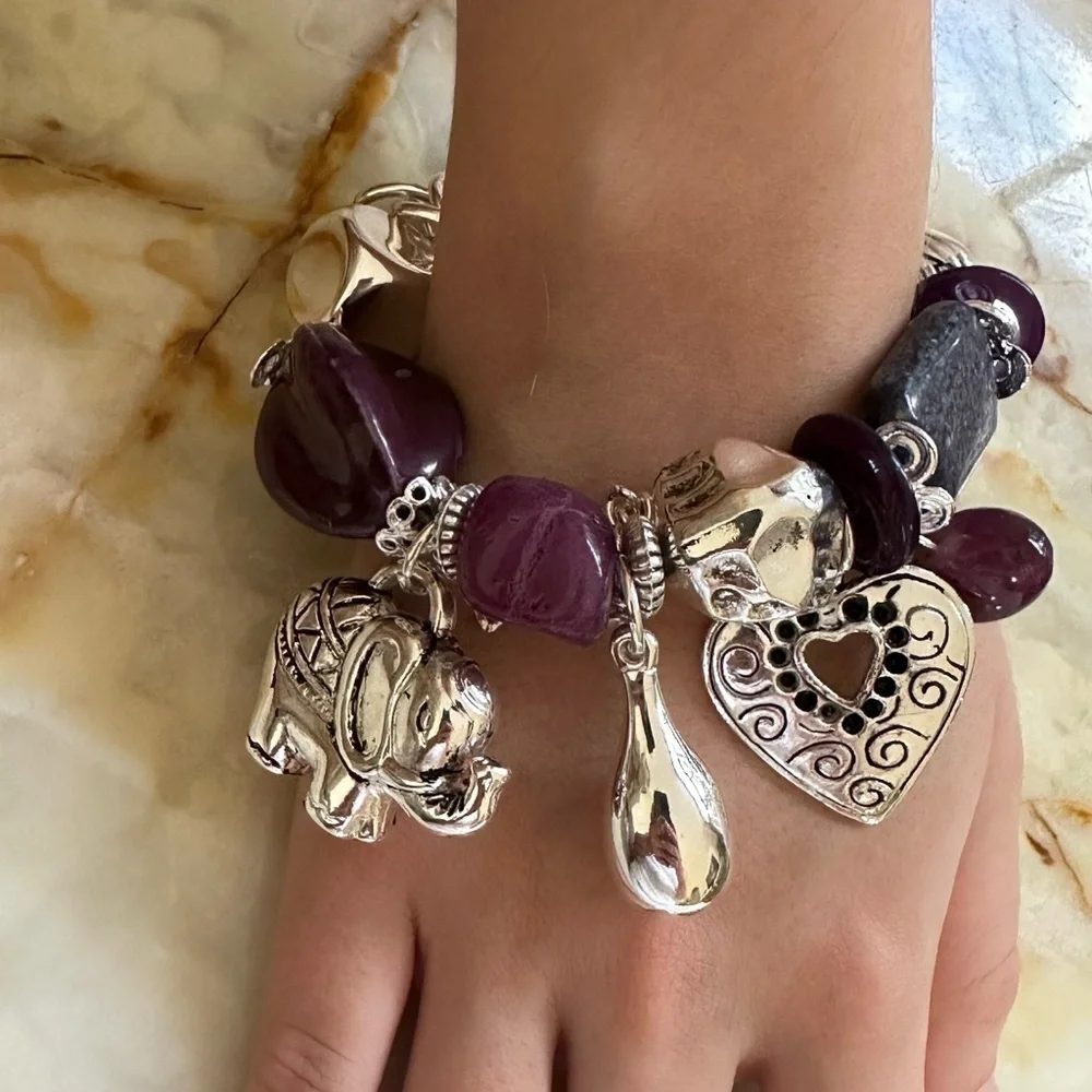 Silver and Purple Charm real stone Bracelet​​​​